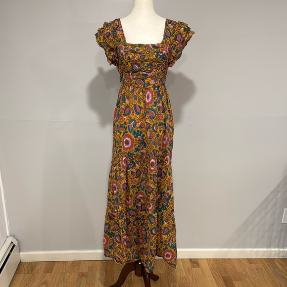 House of Harlow 1960 Jackie Mustard Floral Print Smocked Maxi Dress - Picture 9 of 13